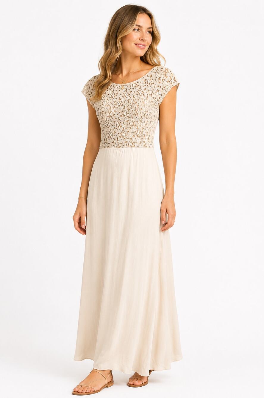 Paper Crown Beige Lace Bodice Maxi Dress Medium Boho Romantic Homecoming